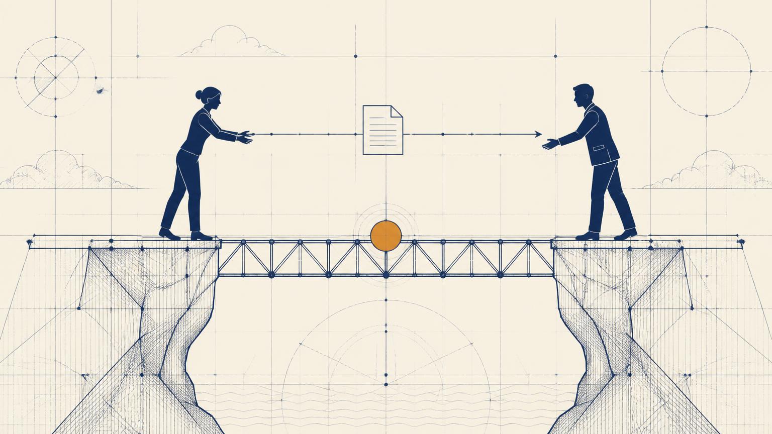 Blueprint illustration of two people handing work across an engineered bridge