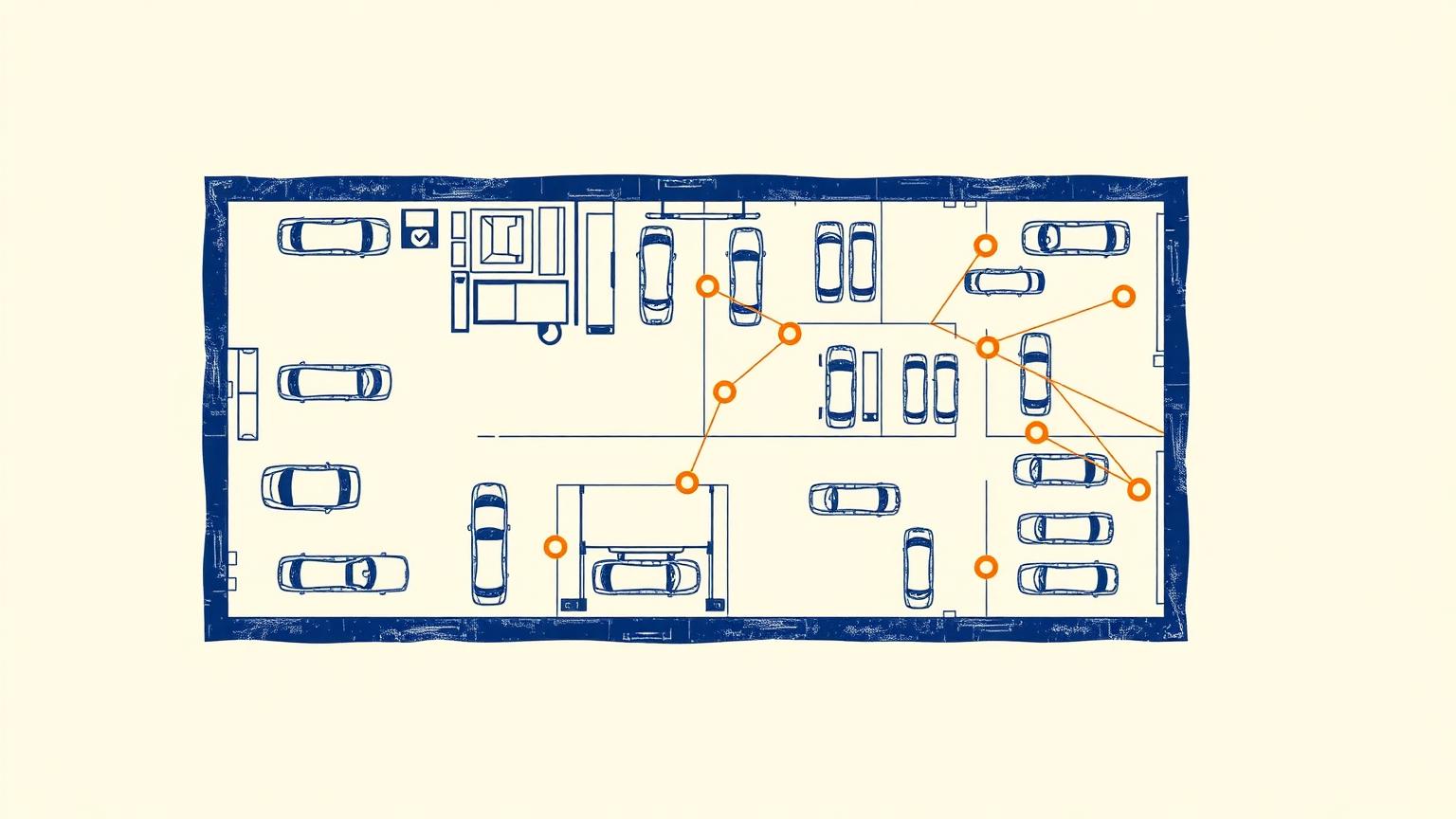 Blueprint floor plan of a dealership with connected intelligence nodes across showroom and service bays